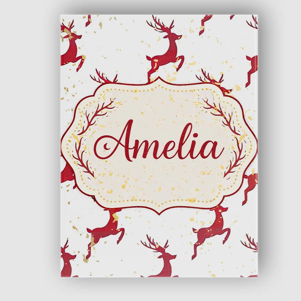 Personalised Name Red Reindeer Christmas Seamless Pattern Cute Custom Modern Room Accent Canvas Wall Art Print Decor Picture Ready to Hang