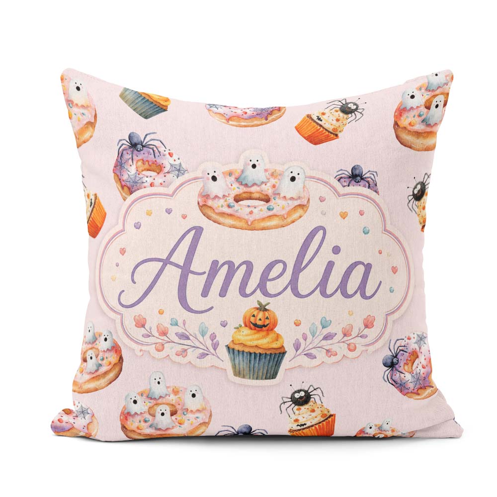Custom Name Donuts Cupcakes and Spiders Seamless Pattern on Pink Square Filled Cushion Throw Pillow Sofa Bed Home Decor Zip Washable UK Made
