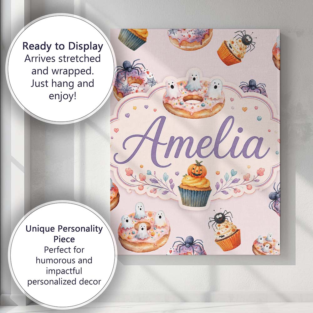 Personalised Name Halloween Donuts Cupcakes Custom Bespoke Interior Contemporary Canvas Wall Art Print Decor Picture Ready to Hang