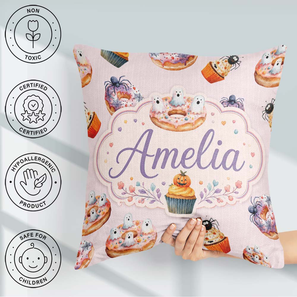 Custom Name Donuts Cupcakes and Spiders Seamless Pattern on Pink Square Filled Cushion Throw Pillow Sofa Bed Home Decor Zip Washable UK Made