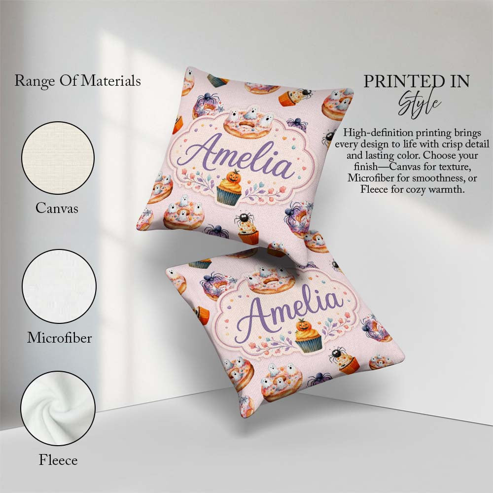 Custom Name Donuts Cupcakes and Spiders Seamless Pattern on Pink Square Filled Cushion Throw Pillow Sofa Bed Home Decor Zip Washable UK Made