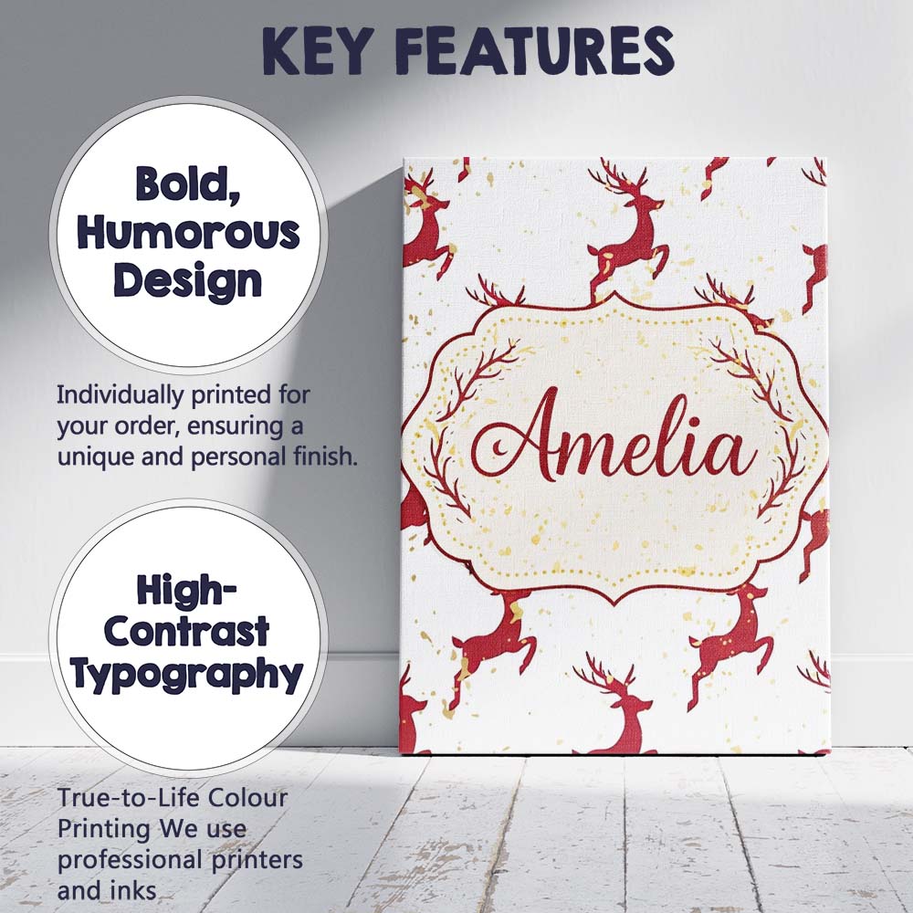 Personalised Name Red Reindeer Christmas Seamless Pattern Cute Custom Modern Room Accent Canvas Wall Art Print Decor Picture Ready to Hang
