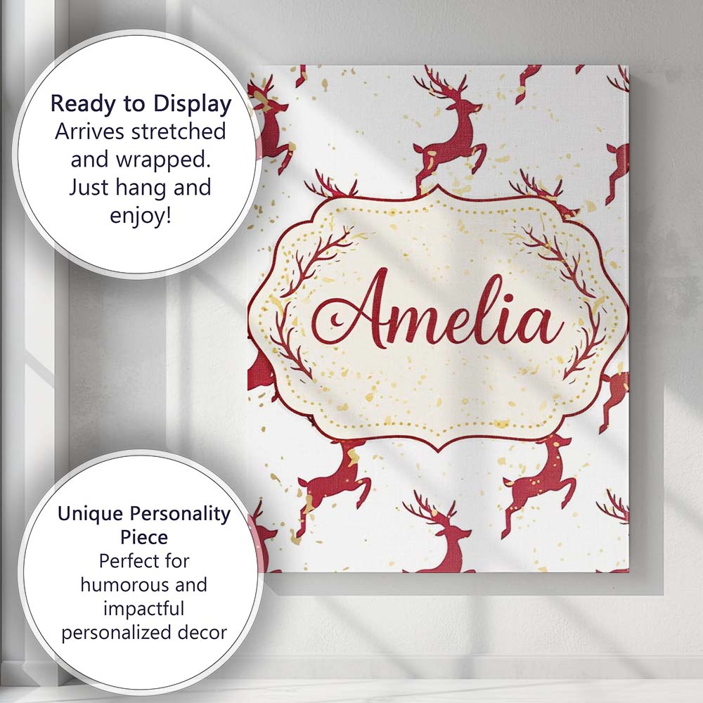 Personalised Name Red Reindeer Christmas Seamless Pattern Cute Custom Modern Room Accent Canvas Wall Art Print Decor Picture Ready to Hang