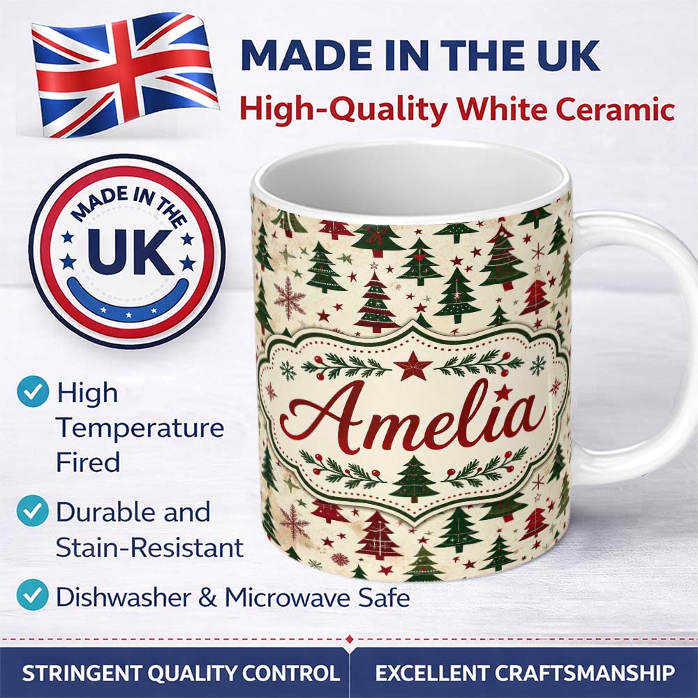Personalized Custom Name Classic Holiday Trees with Red Stars and Snowflakes Vintage Seamless 11oz Ceramic Coffee Tea Mug White Large Handle