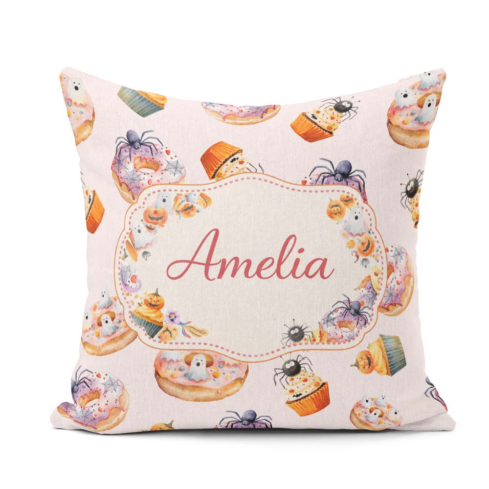 Custom Name Halloween Donuts Cupcakes and Spiders Seamless Cream Square Filled Cushion Throw Pillow Sofa Bed Home Decor Zip Washable UK Made