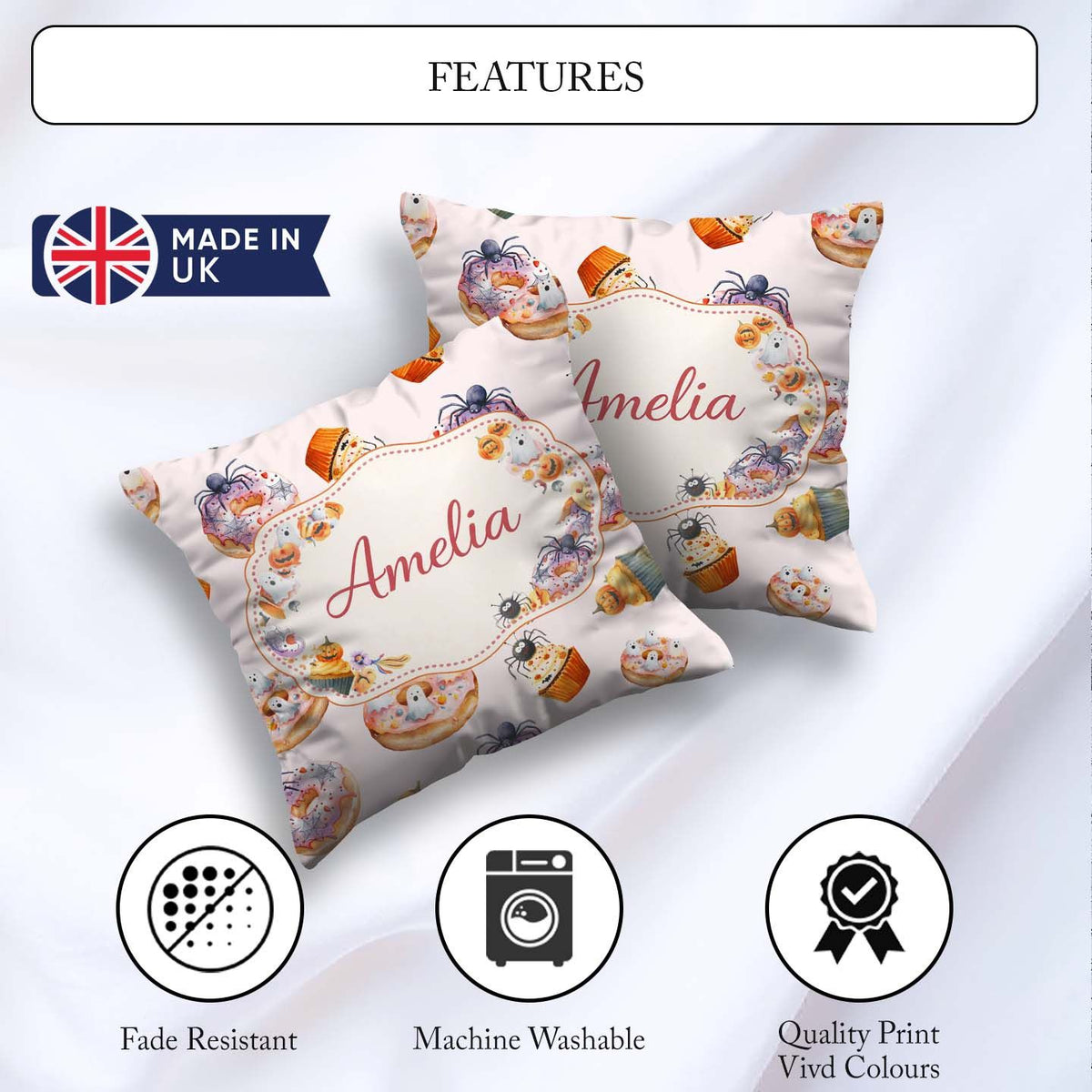 Custom Name Halloween Donuts Cupcakes and Spiders Seamless Cream Square Filled Cushion Throw Pillow Sofa Bed Home Decor Zip Washable UK Made