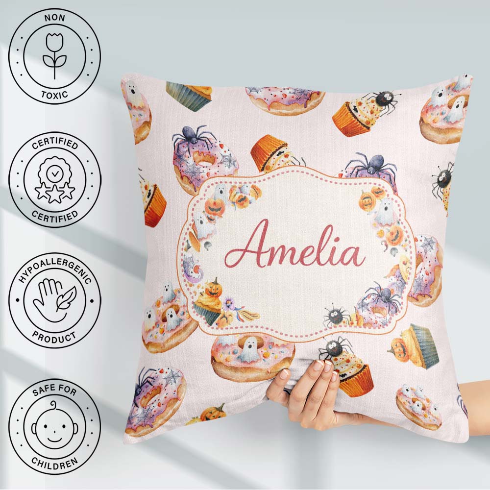 Custom Name Halloween Donuts Cupcakes and Spiders Seamless Cream Square Filled Cushion Throw Pillow Sofa Bed Home Decor Zip Washable UK Made