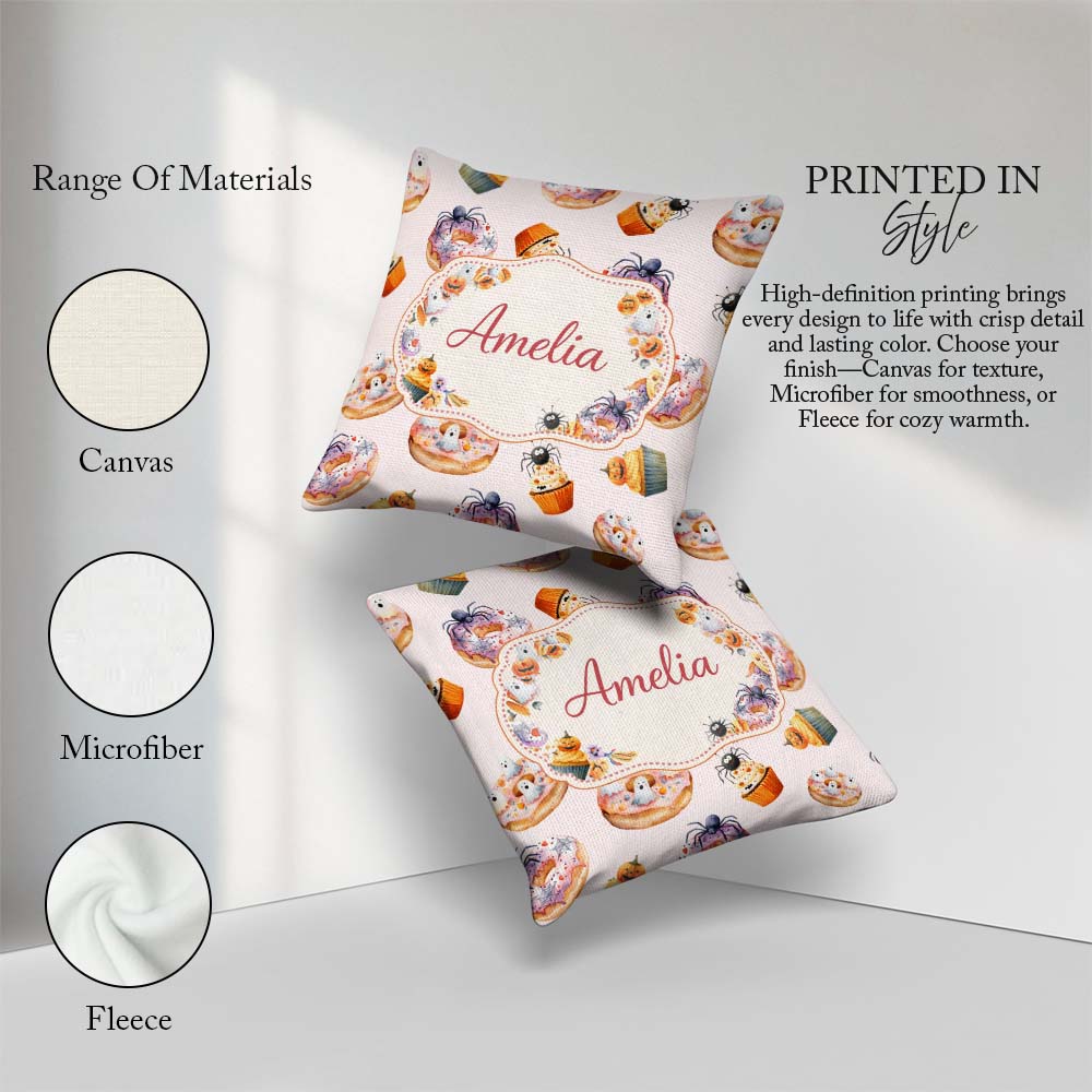 Custom Name Halloween Donuts Cupcakes and Spiders Seamless Cream Square Filled Cushion Throw Pillow Sofa Bed Home Decor Zip Washable UK Made