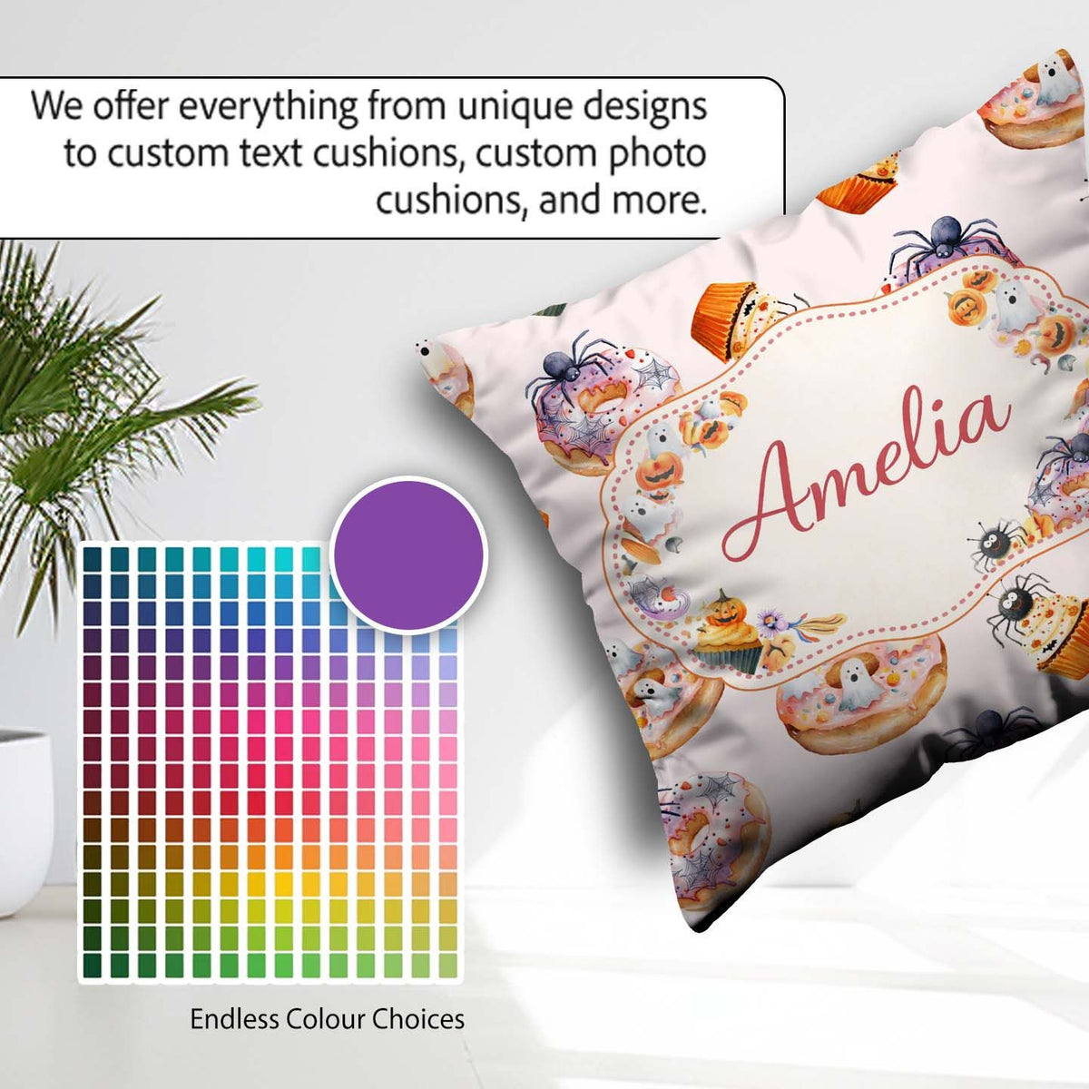 Custom Name Halloween Donuts Cupcakes and Spiders Seamless Cream Square Filled Cushion Throw Pillow Sofa Bed Home Decor Zip Washable UK Made