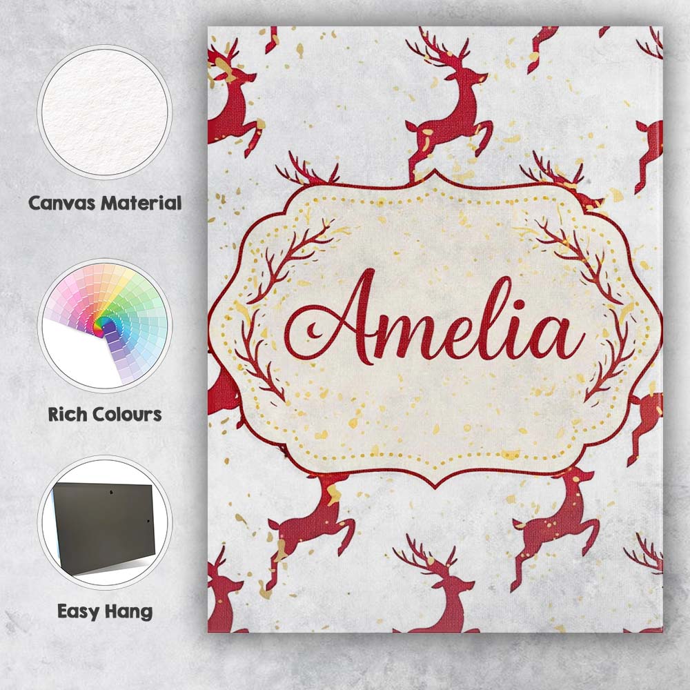 Personalised Name Red Reindeer Christmas Seamless Pattern Cute Custom Modern Room Accent Canvas Wall Art Print Decor Picture Ready to Hang