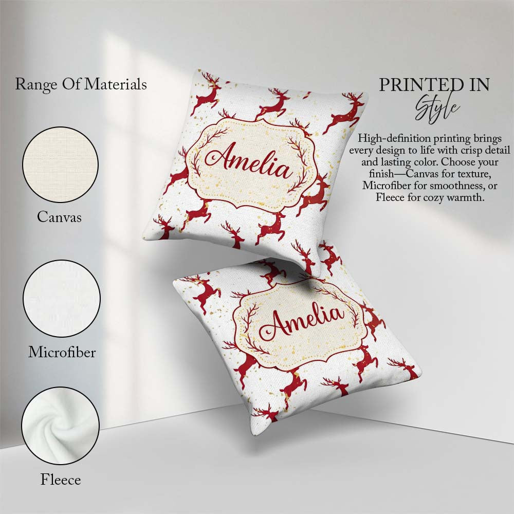 Custom Name Red Reindeer Christmas Seamless Pattern Cute Unique Square Filled Cushion Throw Pillow Sofa Bed Home Decor Zip Washable UK Made