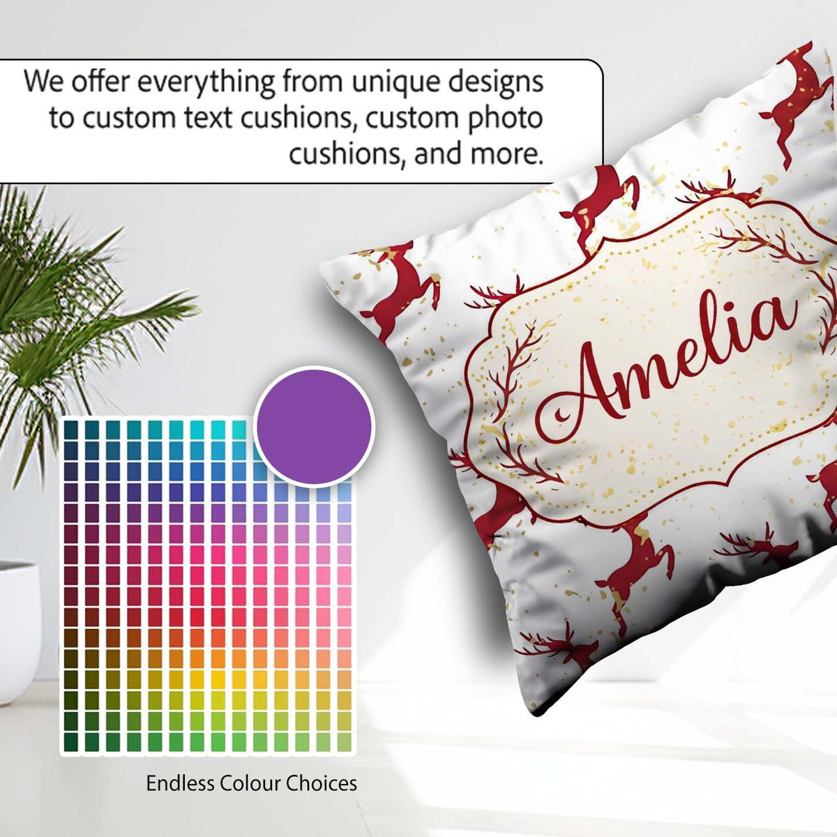 Custom Name Red Reindeer Christmas Seamless Pattern Cute Unique Square Filled Cushion Throw Pillow Sofa Bed Home Decor Zip Washable UK Made