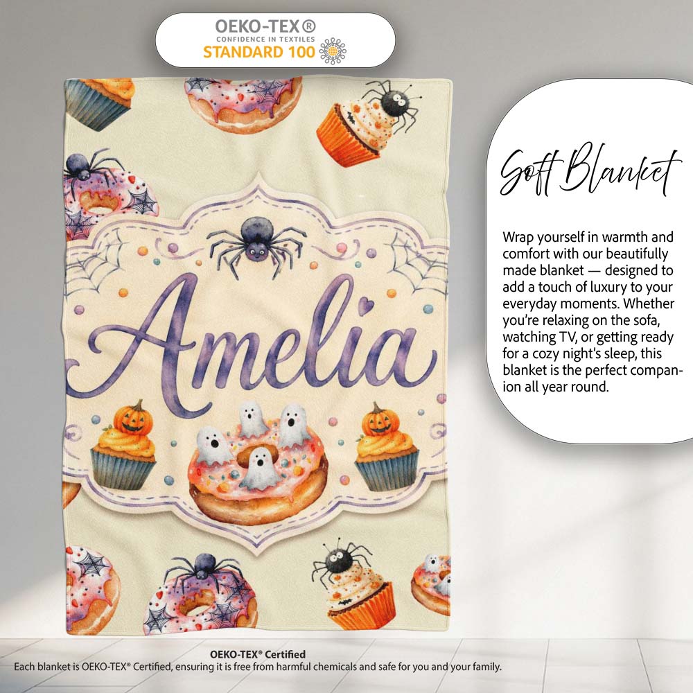 Halloween Donuts Cupcakes and Spiders Seamless on Light Beige Lovely Personalised Custom Name Super Soft Fleece Blanket Bed Sofa Throw