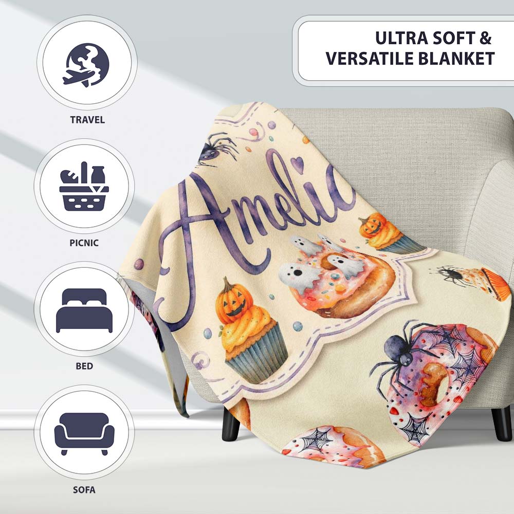 Halloween Donuts Cupcakes and Spiders Seamless on Light Beige Lovely Personalised Custom Name Super Soft Fleece Blanket Bed Sofa Throw