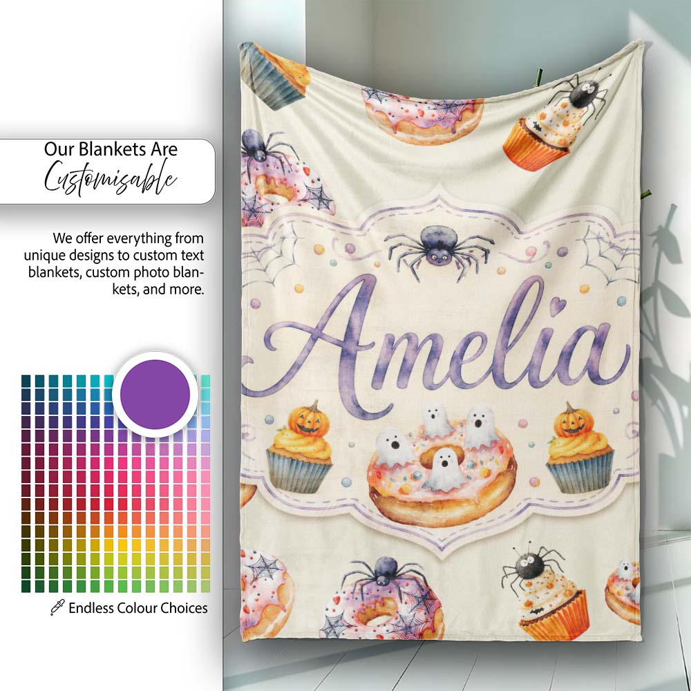 Halloween Donuts Cupcakes and Spiders Seamless on Light Beige Lovely Personalised Custom Name Super Soft Fleece Blanket Bed Sofa Throw