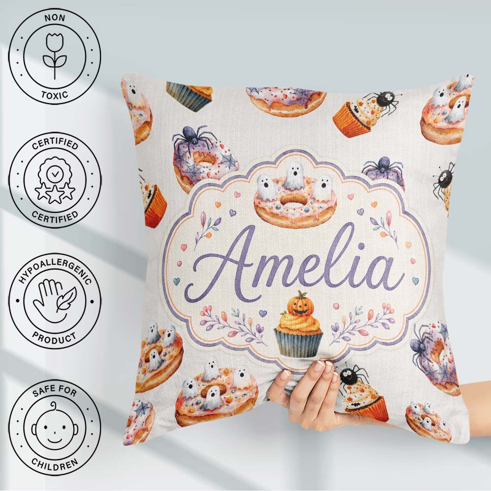 Custom Name Halloween Cupcakes and Spiders on Neutral Background Square Filled Cushion Throw Pillow Sofa Bed Home Decor Zip Washable UK Made