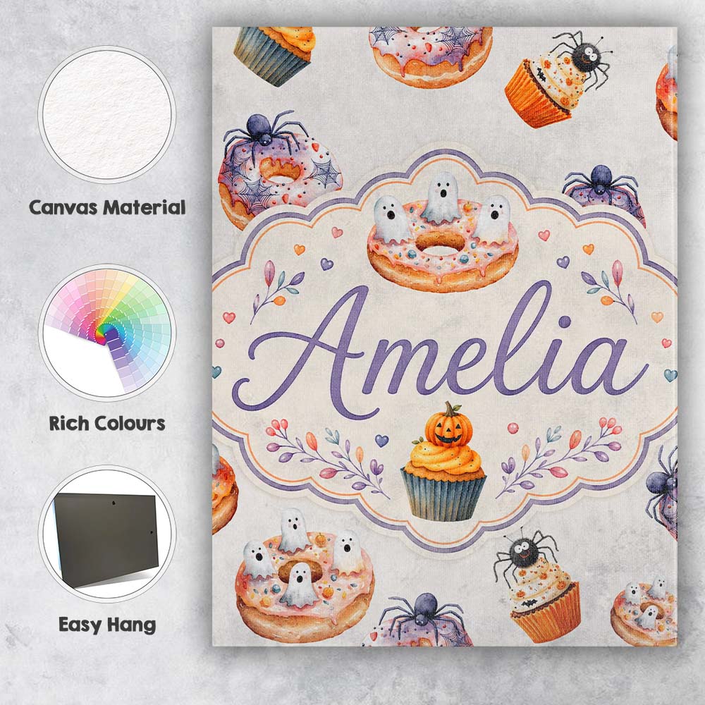 Personalised Name Halloween Donuts Cupcakes Custom Bespoke Interior Contemporary Canvas Wall Art Print Decor Picture Ready to Hang