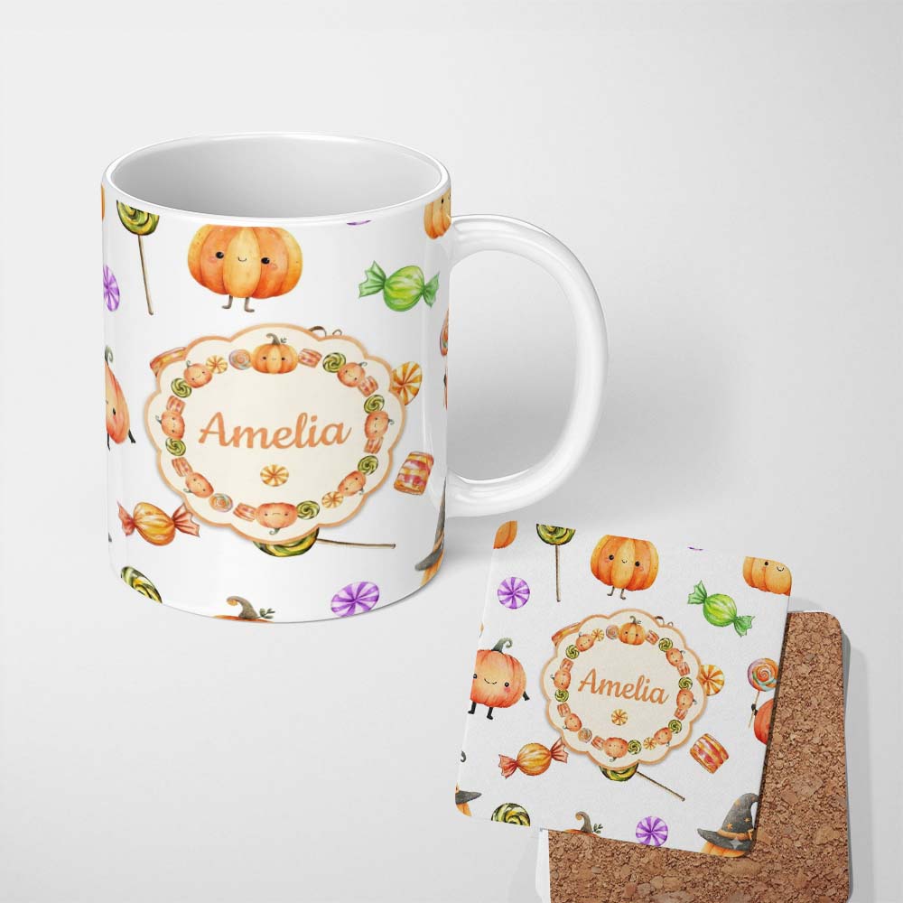 Personalized Custom Name Cute Watercolor Pumpkins and Candy Sweets on Mint Green Background 11oz Ceramic Coffee Tea Mug White Large Handle