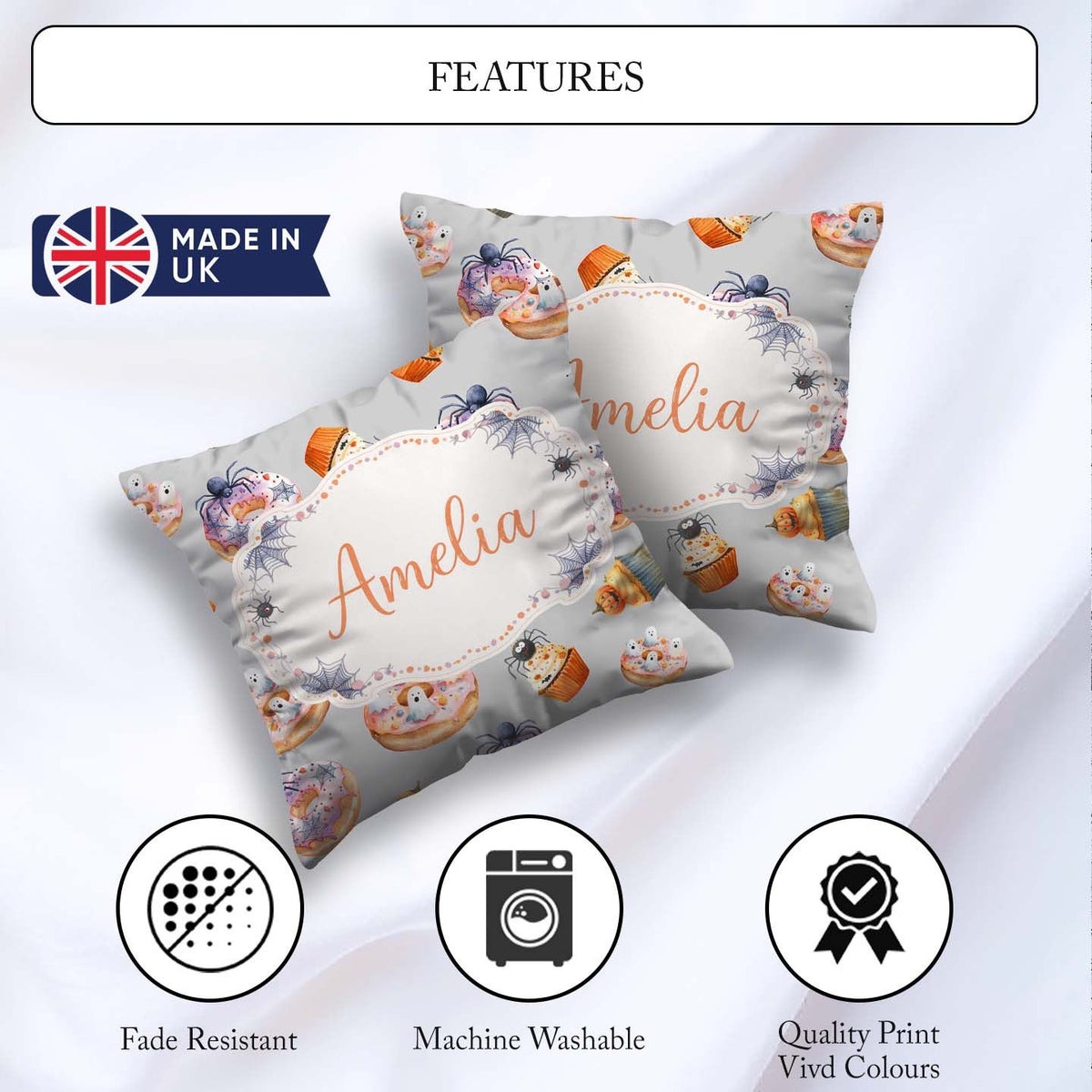 Custom Name Halloween Donuts Cupcakes and Ghosts Grey Background Square Filled Cushion Throw Pillow Sofa Bed Home Decor Zip Washable UK Made