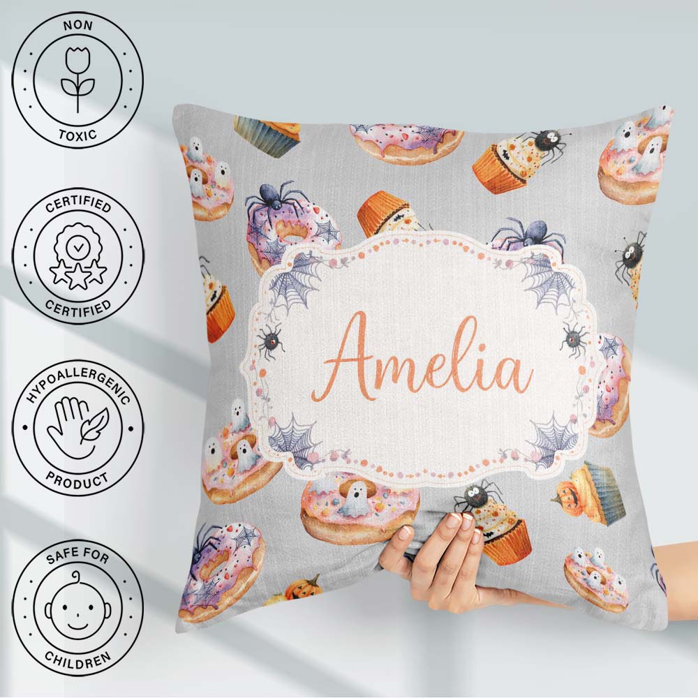 Custom Name Halloween Donuts Cupcakes and Ghosts Grey Background Square Filled Cushion Throw Pillow Sofa Bed Home Decor Zip Washable UK Made