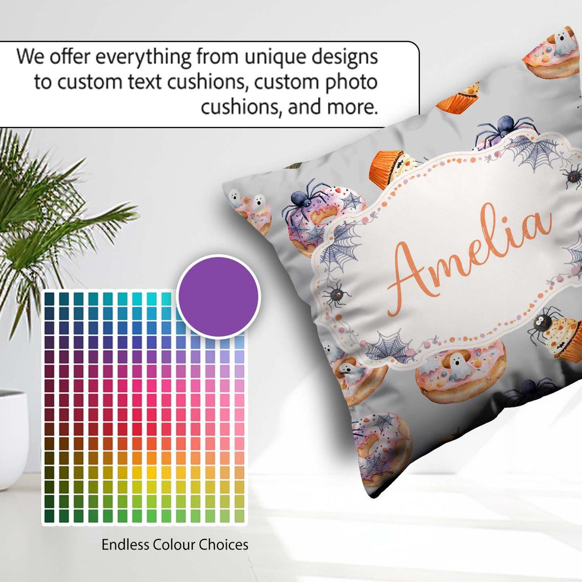 Custom Name Halloween Donuts Cupcakes and Ghosts Grey Background Square Filled Cushion Throw Pillow Sofa Bed Home Decor Zip Washable UK Made