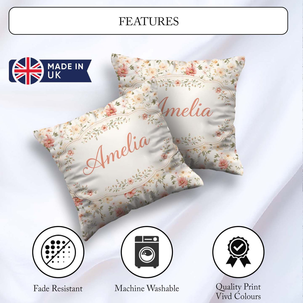 Custom Name Pastel Flower Meadow Seamless Pattern Beautiful Cup Square Filled Cushion Throw Pillow Sofa Bed Home Decor Zip Washable UK Made