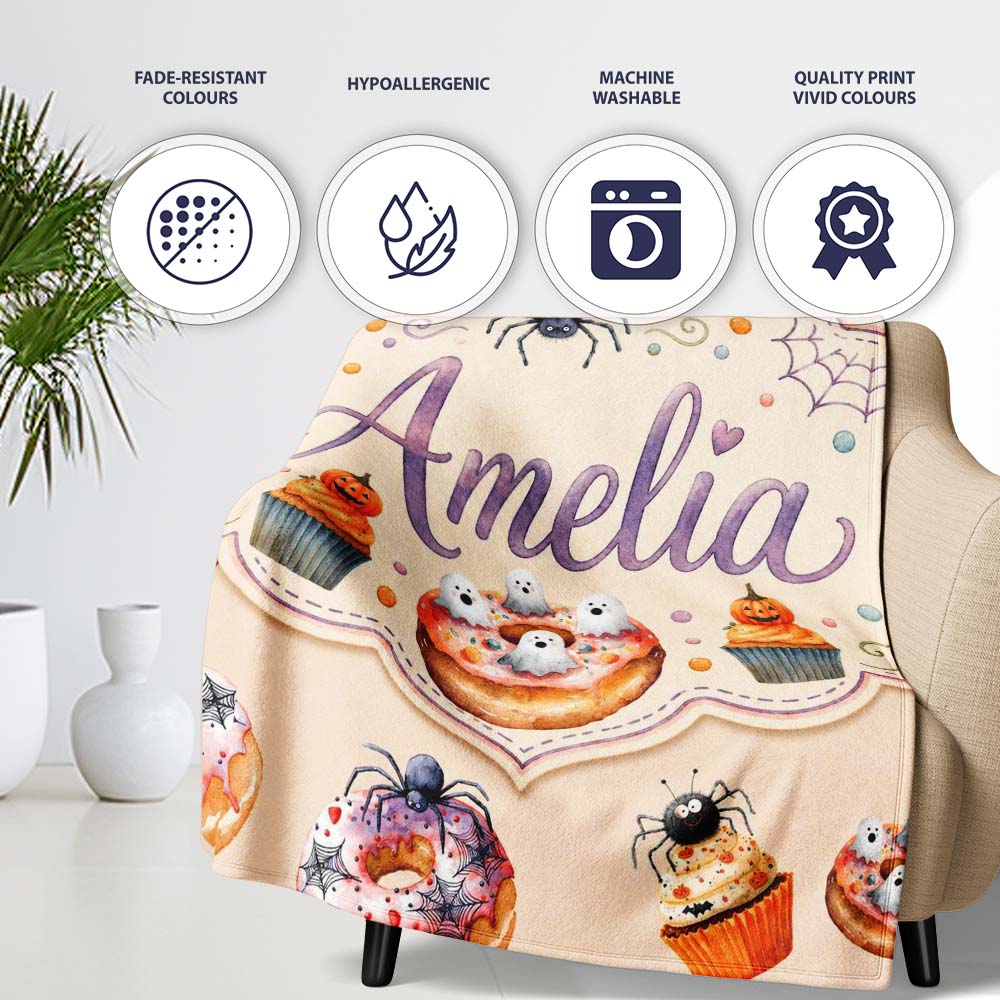 Halloween Donuts Cupcakes Spiders and Ghosts Cute Warm Beige Lovely Personalised Custom Name Super Soft Fleece Blanket Bed Sofa Throw