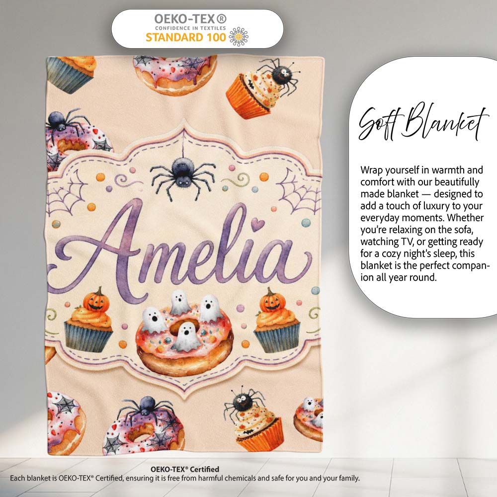 Halloween Donuts Cupcakes Spiders and Ghosts Cute Warm Beige Lovely Personalised Custom Name Super Soft Fleece Blanket Bed Sofa Throw