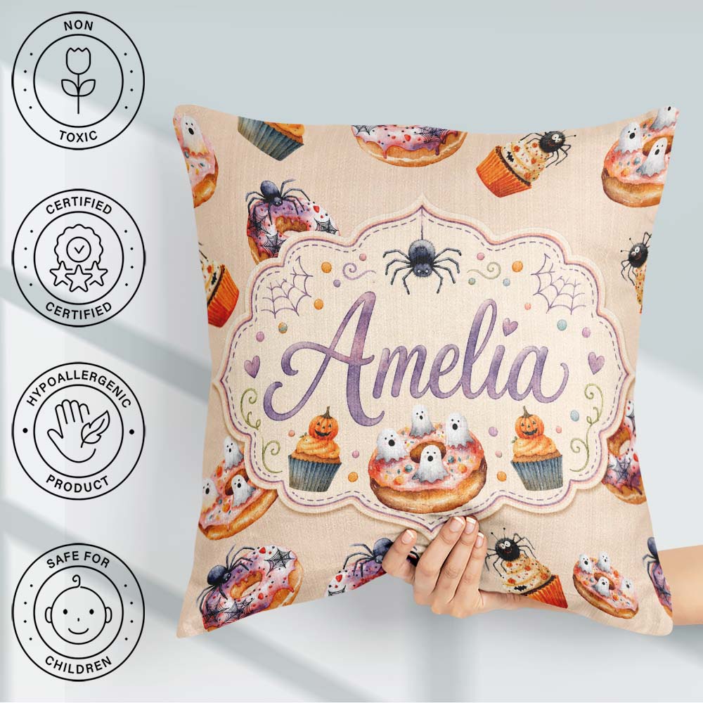 Custom Name Halloween Donuts Cupcakes and Ghosts Cute Warm Beige Square Filled Cushion Throw Pillow Sofa Bed Home Decor Zip Washable UK Made