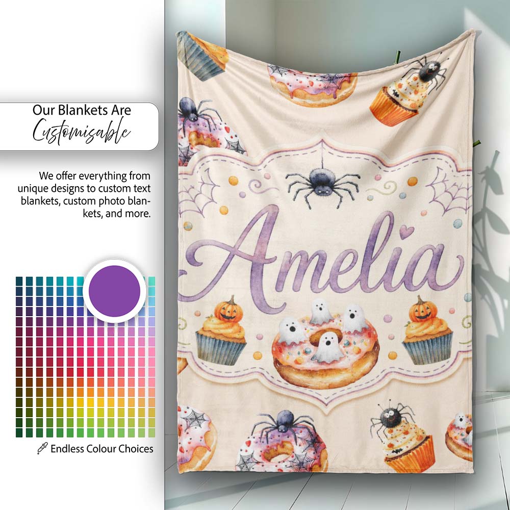 Halloween Donuts Cupcakes Spiders and Ghosts Cute Warm Beige Lovely Personalised Custom Name Super Soft Fleece Blanket Bed Sofa Throw