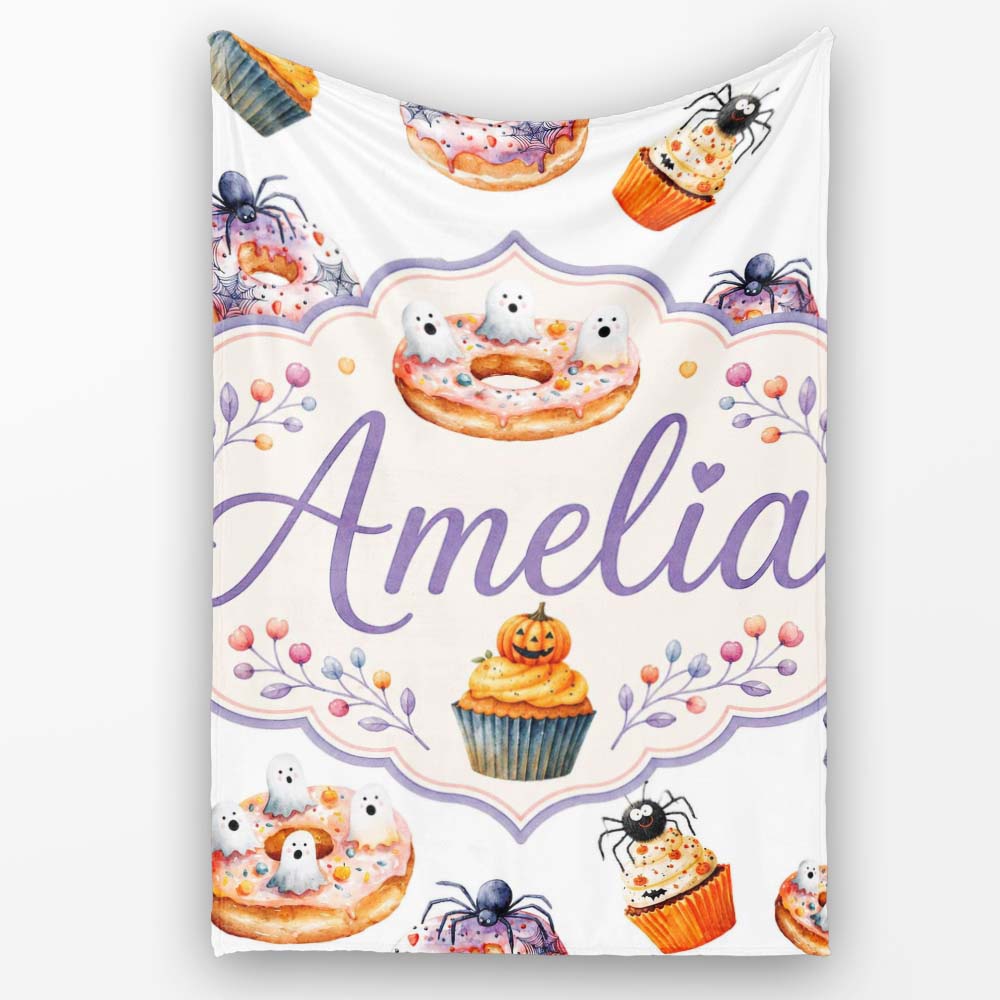 Halloween Donuts Cupcakes Spiders and Ghosts Cute Light Grey Lovely Personalised Custom Name Super Soft Fleece Blanket Bed Sofa Throw