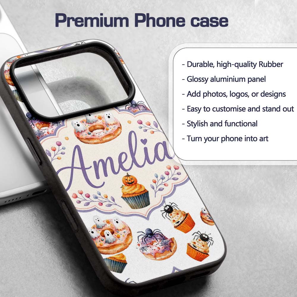 Halloween Donuts Cupcakes Spiders and Ghosts Cute Custom Name Protective Phone Case Mobile Cover Durable Everyday Smartphone Shock Resistant