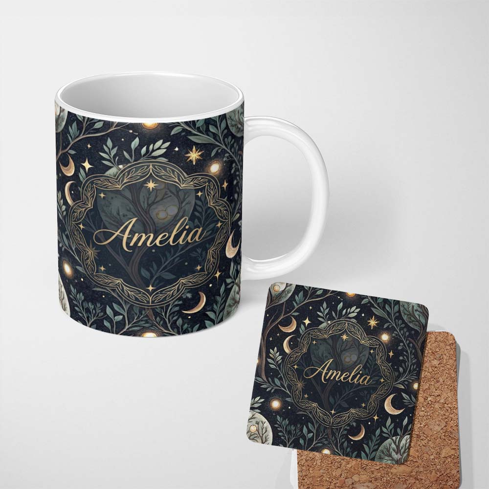 Personalized Custom Name Enchanted Mushroom Forest Night Sky Seamless Pattern Lovely 11oz Ceramic Coffee Tea Mug White Large Handle