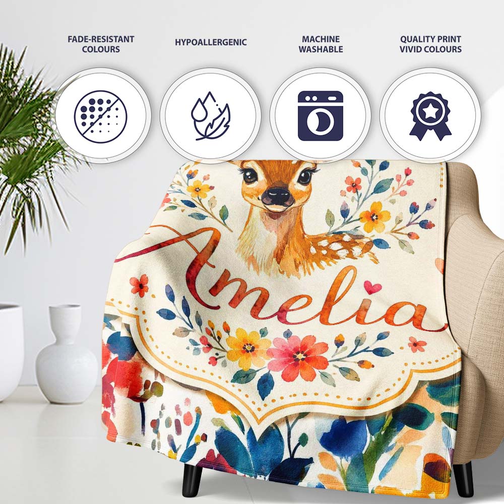 Watercolor Baby Deer Fawn with Colorful Floral Botanical Background Personalised Custom Name Super Soft Fleece Blanket Bed Sofa Throw