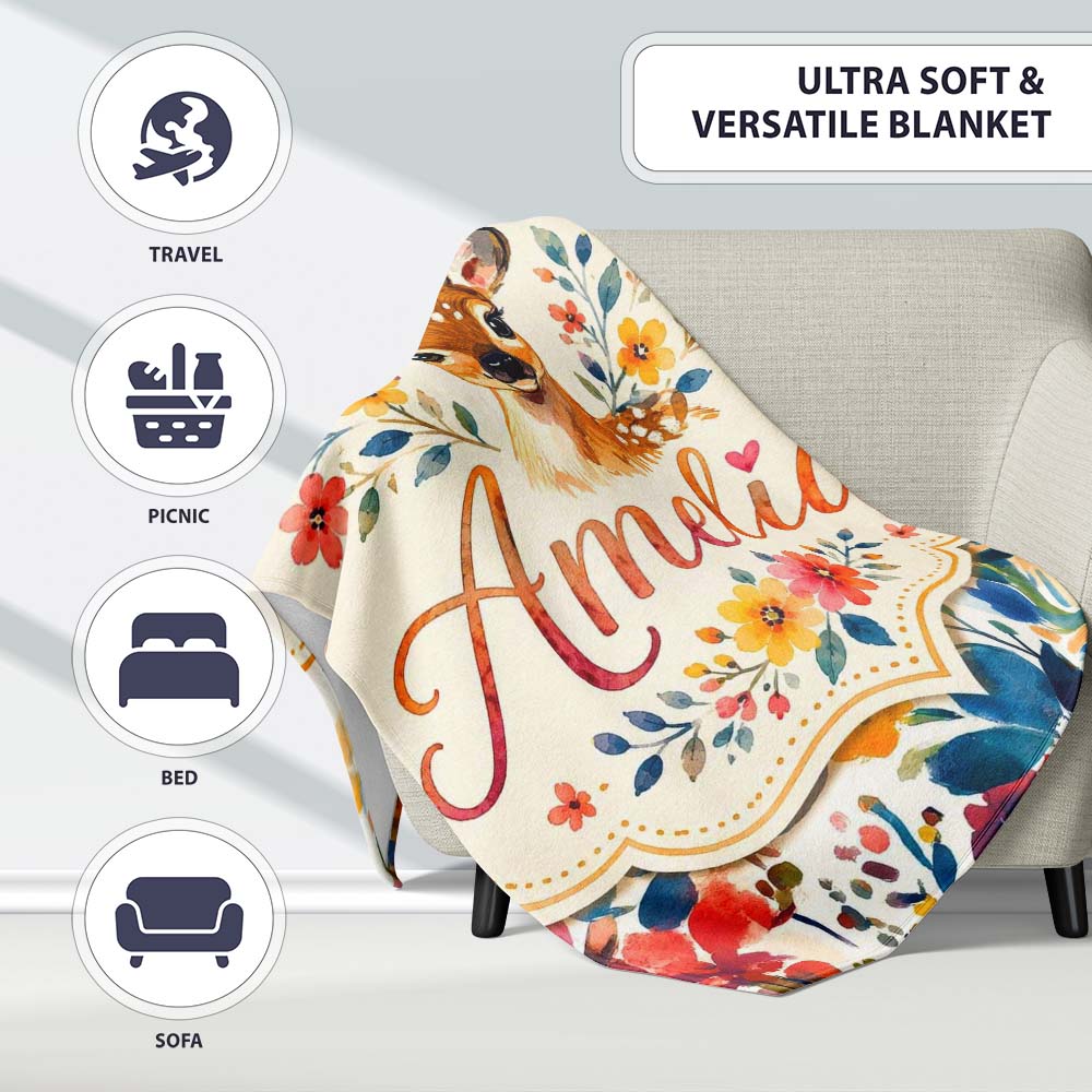 Watercolor Baby Deer Fawn with Colorful Floral Botanical Background Personalised Custom Name Super Soft Fleece Blanket Bed Sofa Throw