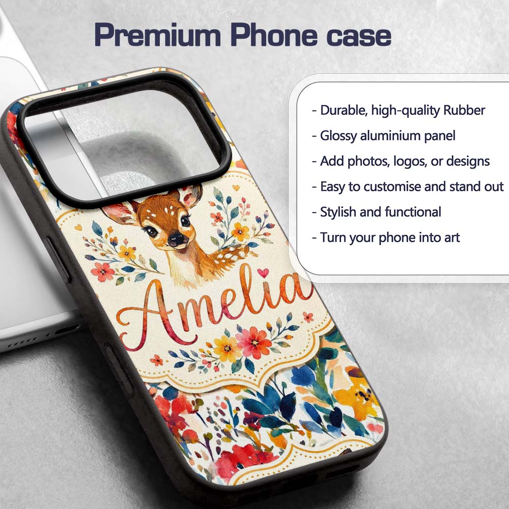 Watercolor Baby Deer Fawn with Colorful Floral Custom Name Protective Phone Case Mobile Cover Durable Everyday Smartphone Shock Resistant