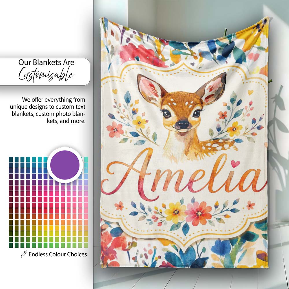 Watercolor Baby Deer Fawn with Colorful Floral Botanical Background Personalised Custom Name Super Soft Fleece Blanket Bed Sofa Throw