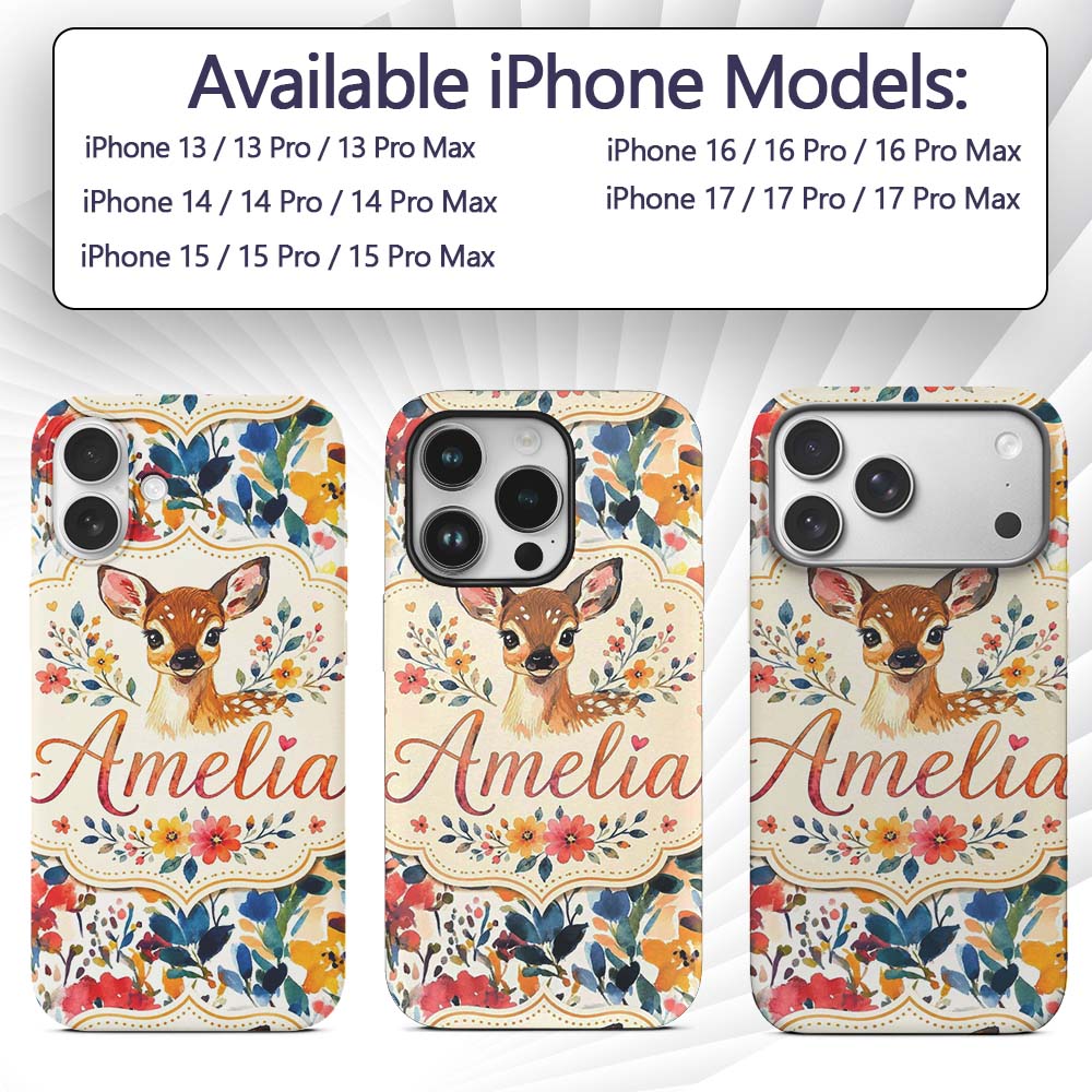 Watercolor Baby Deer Fawn with Colorful Floral Custom Name Protective Phone Case Mobile Cover Durable Everyday Smartphone Shock Resistant
