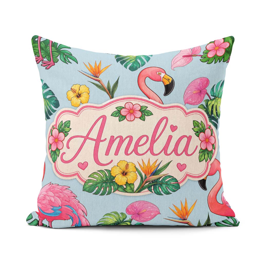 Custom Name Tropical Flamingo with Flowers and Leaves Background Square Filled Cushion Throw Pillow Sofa Bed Home Decor Zip Washable UK Made
