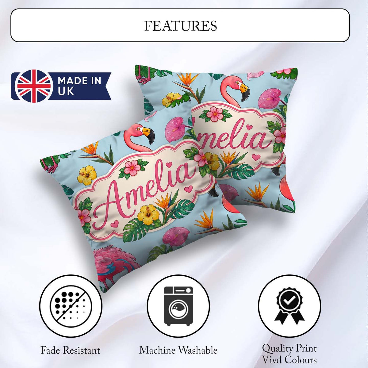 Custom Name Tropical Flamingo with Flowers and Leaves Background Square Filled Cushion Throw Pillow Sofa Bed Home Decor Zip Washable UK Made