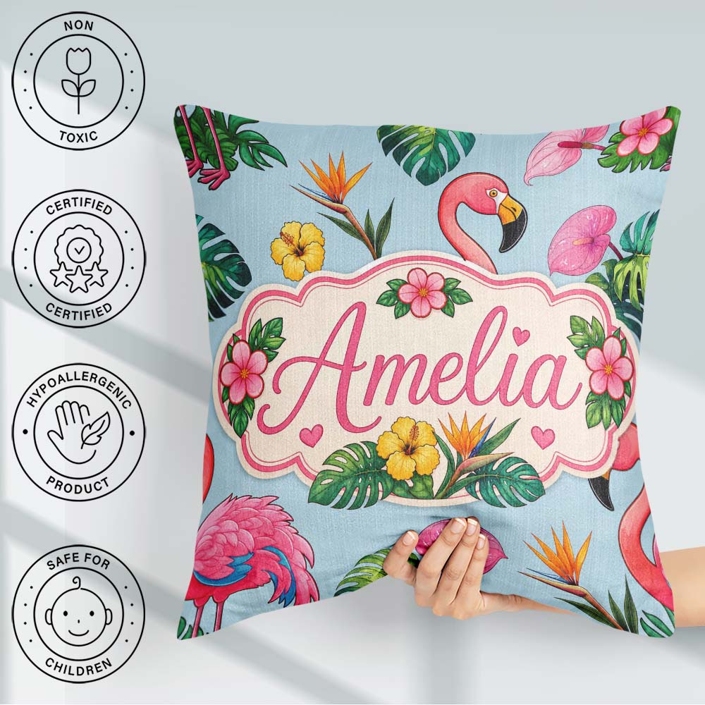 Custom Name Tropical Flamingo with Flowers and Leaves Background Square Filled Cushion Throw Pillow Sofa Bed Home Decor Zip Washable UK Made