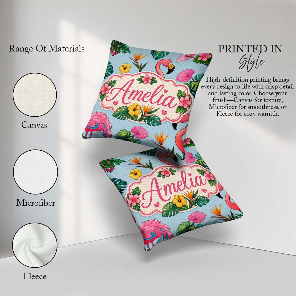 Custom Name Tropical Flamingo with Flowers and Leaves Background Square Filled Cushion Throw Pillow Sofa Bed Home Decor Zip Washable UK Made