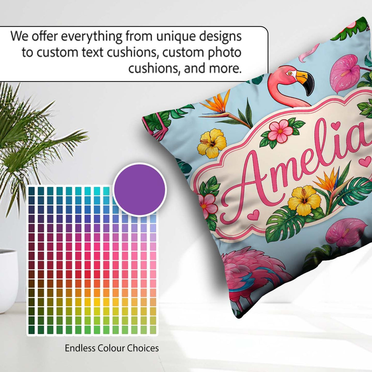Custom Name Tropical Flamingo with Flowers and Leaves Background Square Filled Cushion Throw Pillow Sofa Bed Home Decor Zip Washable UK Made