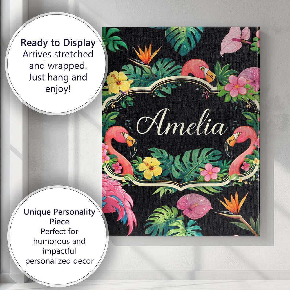 Personalised Name Tropical Flamingo with Custom Unique Gift Idea Elegant Feature Canvas Wall Art Print Decor Picture Ready to Hang