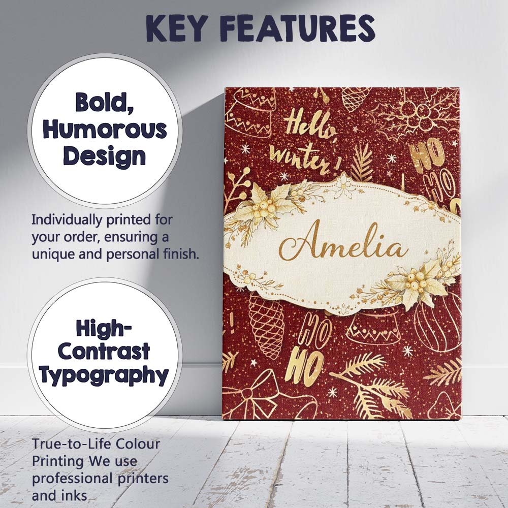 Personalised Name Christmas Gold Foil Typography Bells Tree Festive Custom Canvas Wall Art Print Decor Picture Ready to Hang