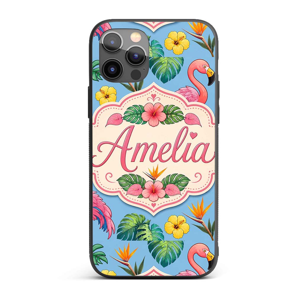 Tropical Flamingo with Hibiscus Printed Design Custom Name Protective Phone Case Mobile Cover Durable Everyday Smartphone Shock Resistant