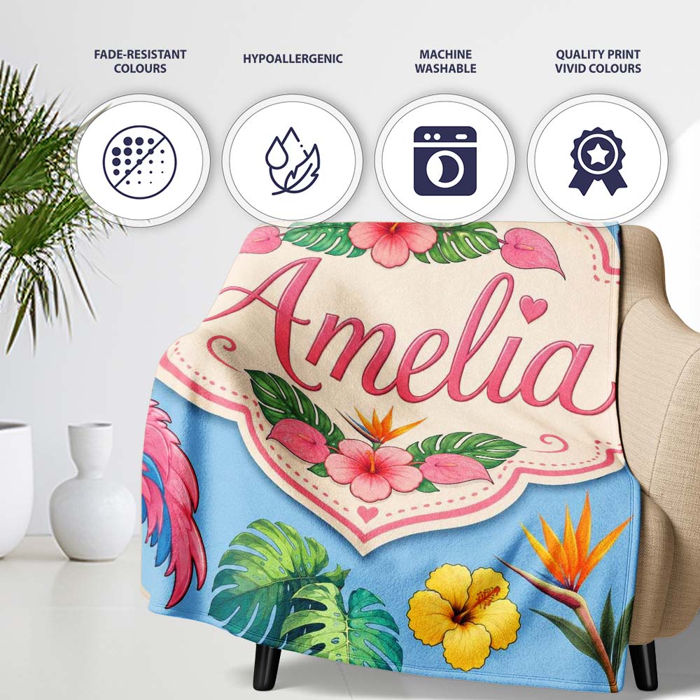Tropical Flamingo with Hibiscus Flowers and Leaves Sky Blue Lovely Personalised Custom Name Super Soft Fleece Blanket Bed Sofa Throw