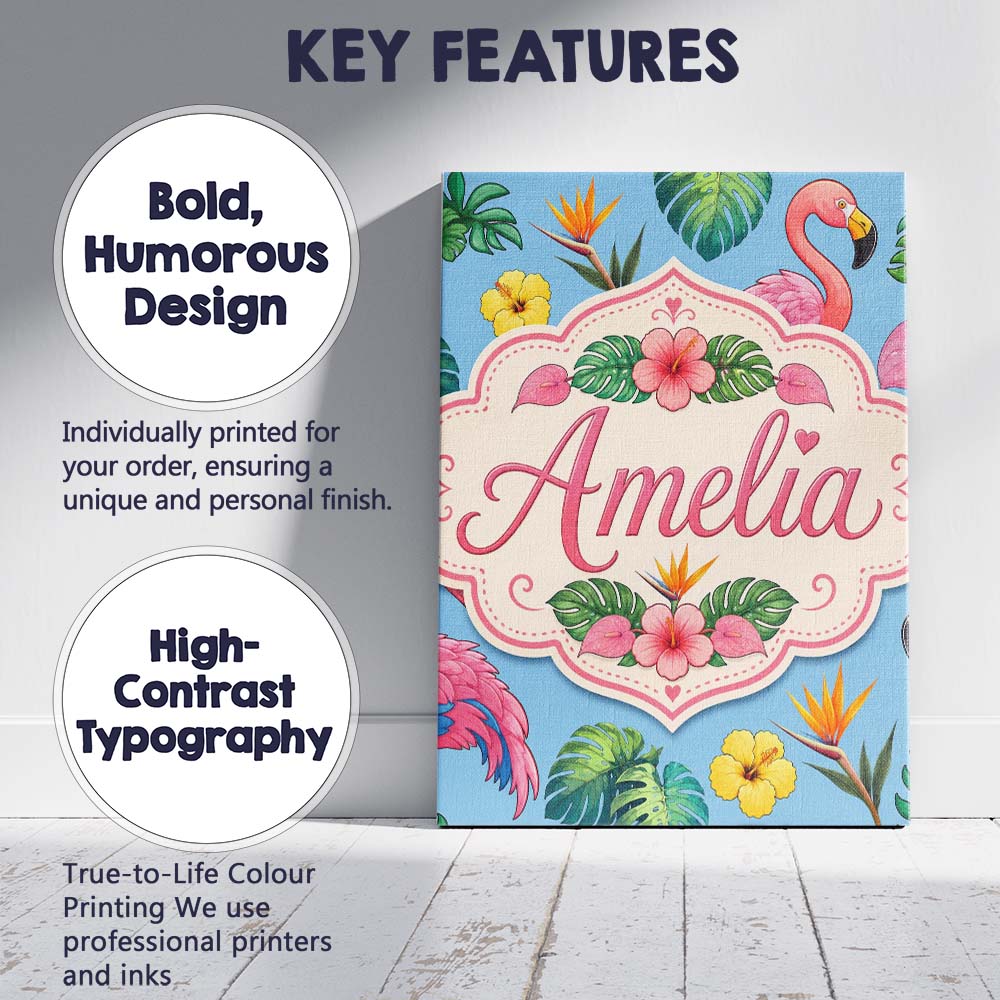 Personalised Name Tropical Flamingo with Custom Unique Gift Idea Elegant Feature Canvas Wall Art Print Decor Picture Ready to Hang