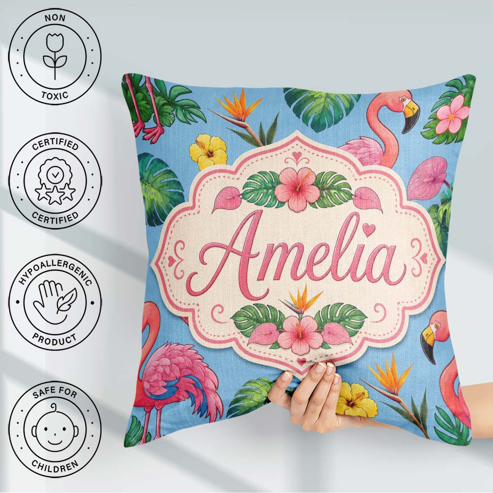 Custom Name Tropical Flamingo with Hibiscus Flowers and Sky Blue Square Filled Cushion Throw Pillow Sofa Bed Home Decor Zip Washable UK Made