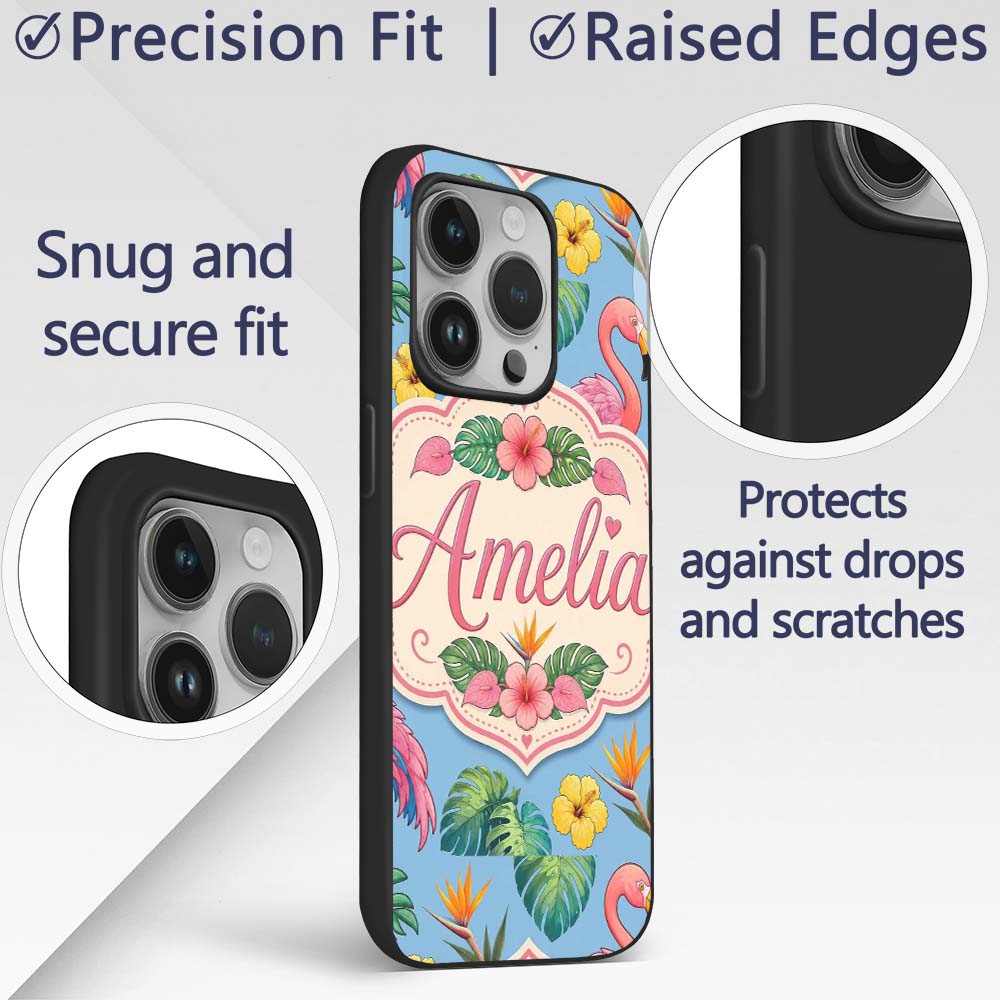 Tropical Flamingo with Hibiscus Printed Design Custom Name Protective Phone Case Mobile Cover Durable Everyday Smartphone Shock Resistant